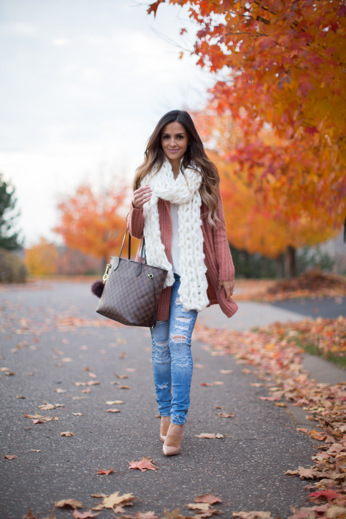 Louis Vuitton Fashion bag, scarf, brown jumper, jeans. Fall autumn