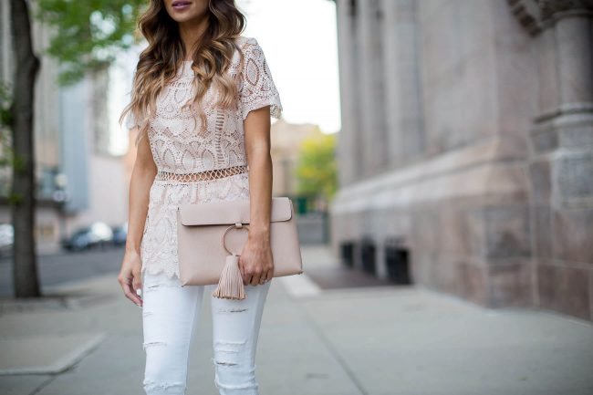 fashion blogger mia mia mine in a pink lace shopbop top and asos tassel bag