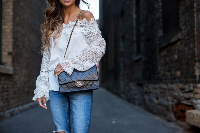 minneapolis fashion blogger wearing an off-the-shoulder lace top