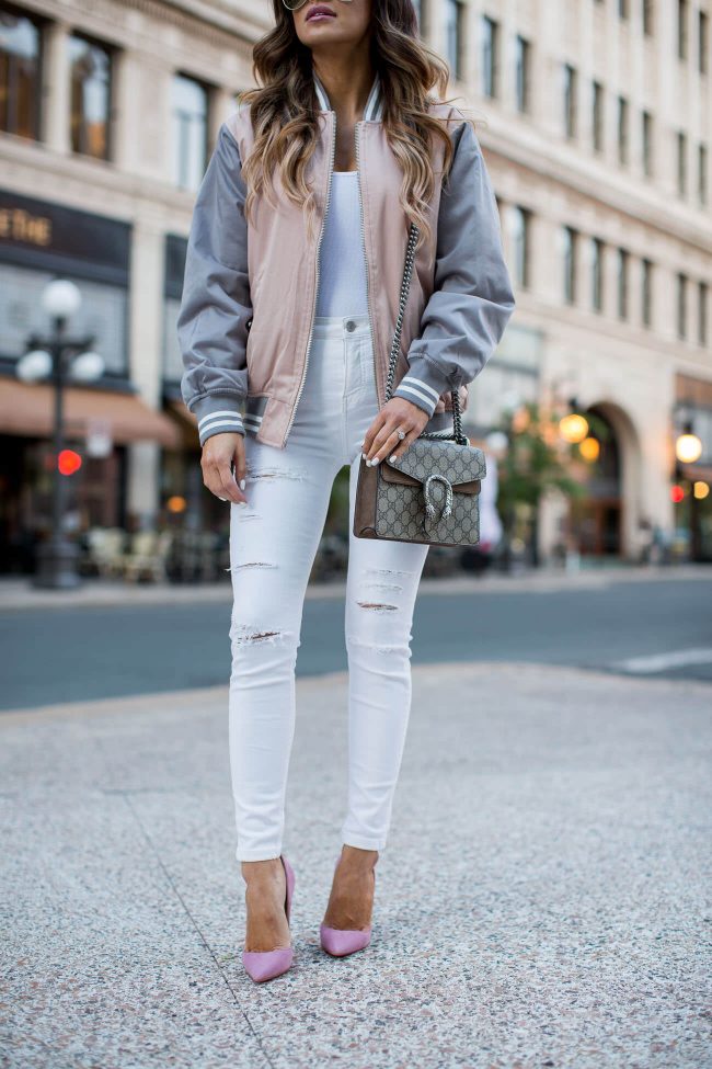 fashion blogger mia mia mine in topshop white jeans and christian louboutin pink so kate heels