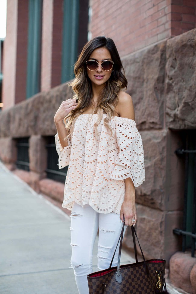 maria vizuete wearing free people sunglasses and a lace off-the-shoulder top from shopbop