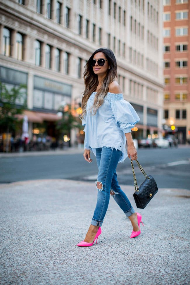 fashion blogger mia mia mine in an off-the-shoulder chambray top and levi's jeans from shopbop
