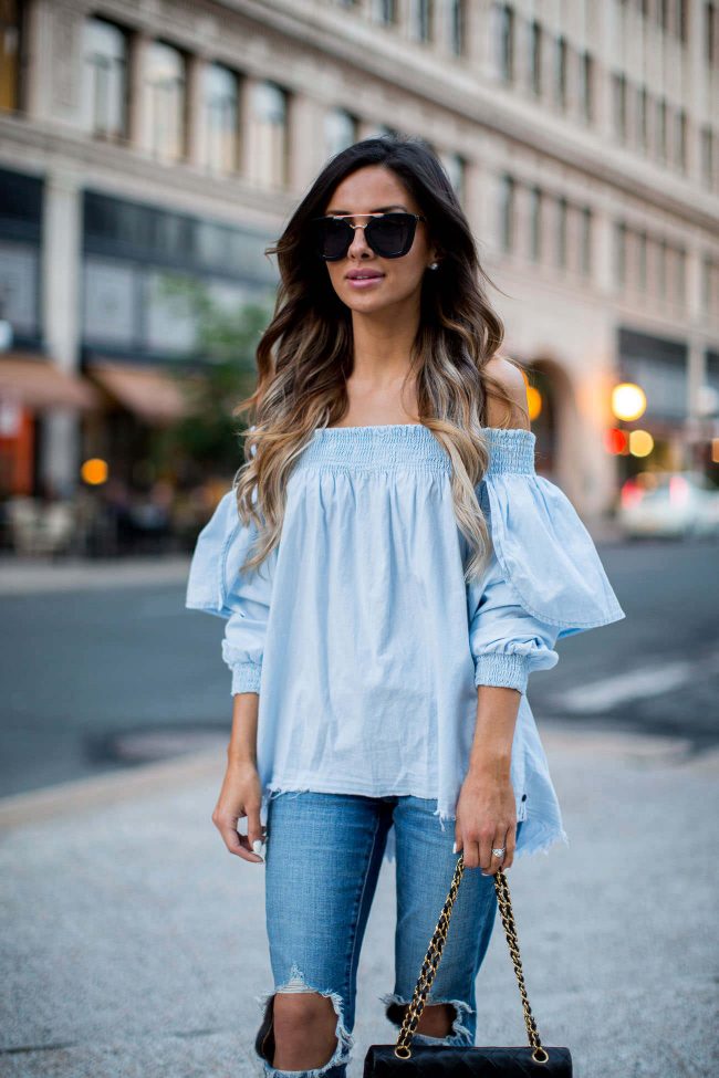 midwest fashion blogger mia mia mine in an off-the-shoulder chambray top and levis jeans