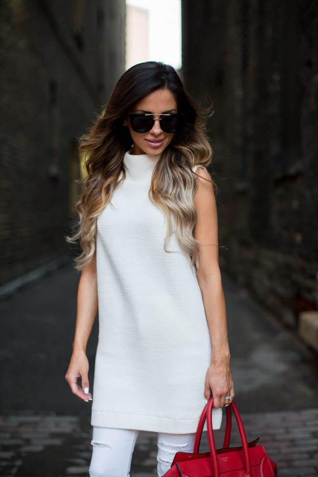 fashion blogger mia mia mine in bellami hair extensions and a white tunic by free people