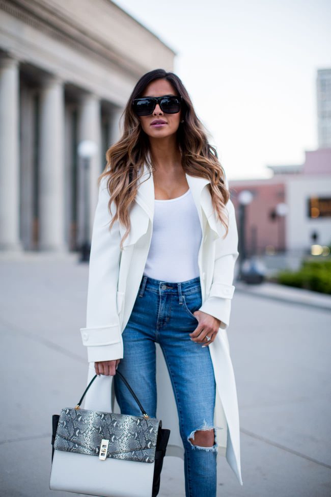 fashion blogger mia mia mine wearing a white trench coat from asos and levis jeans 