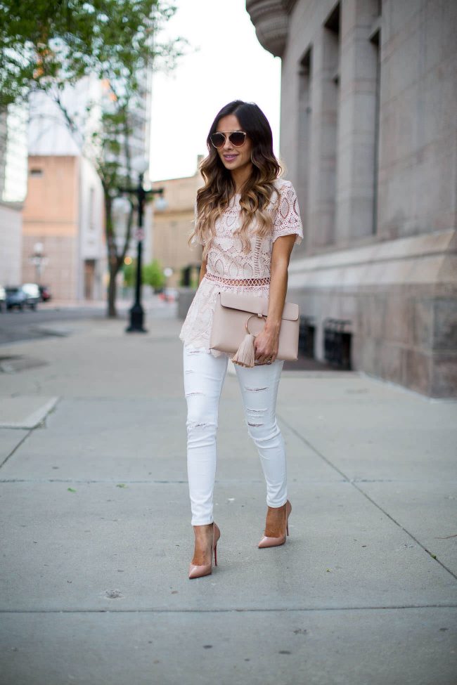 fashion blogger mia mia mine in a pink lace top from shopbop and topshop white jeans