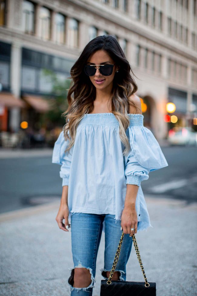 minnesota fashion blogger mia mia mine wearing an off-the-shoulder top from shopbop and sunglasses from nasty gal