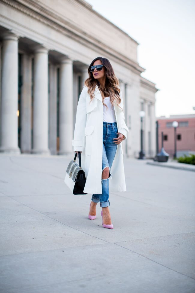 minnesota fashion blogger mia mia mine wearing a white trench coat and pink christian louboutin heels