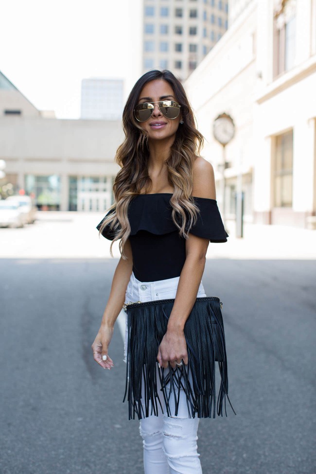Maria Vizuete in a Topshop off-the-shoulder bodysuit from Nordstrom