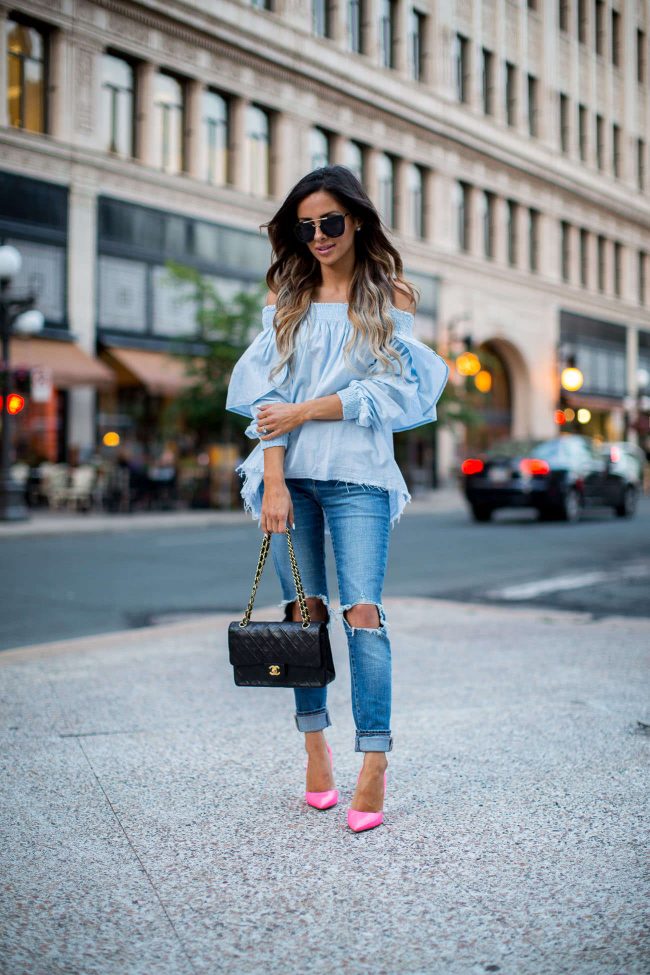 Minnesota fashion blogger mia mia mine wearing an off-the-shoulder chambray top from shopbop and levis jeans