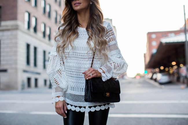 fashion blogger mia mia mine wearing a lace top and leather pants from shopbop