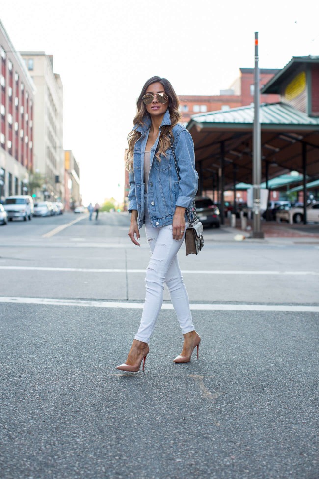 mia mia mine wearing christian louboutin so kate heels and a topshop denim jacket