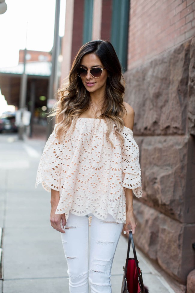 fashion blogger mia mia mine wearing a lace off shoulder top from shopbop.com