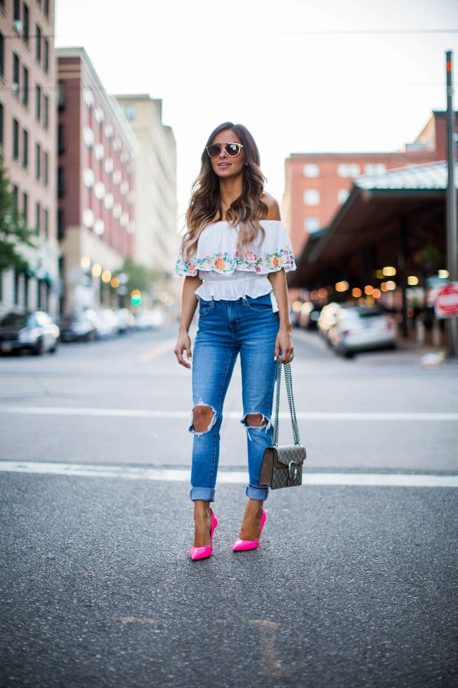 fashion blogger mia mia mine in an off-the-shoulder embroidered top from shopbop