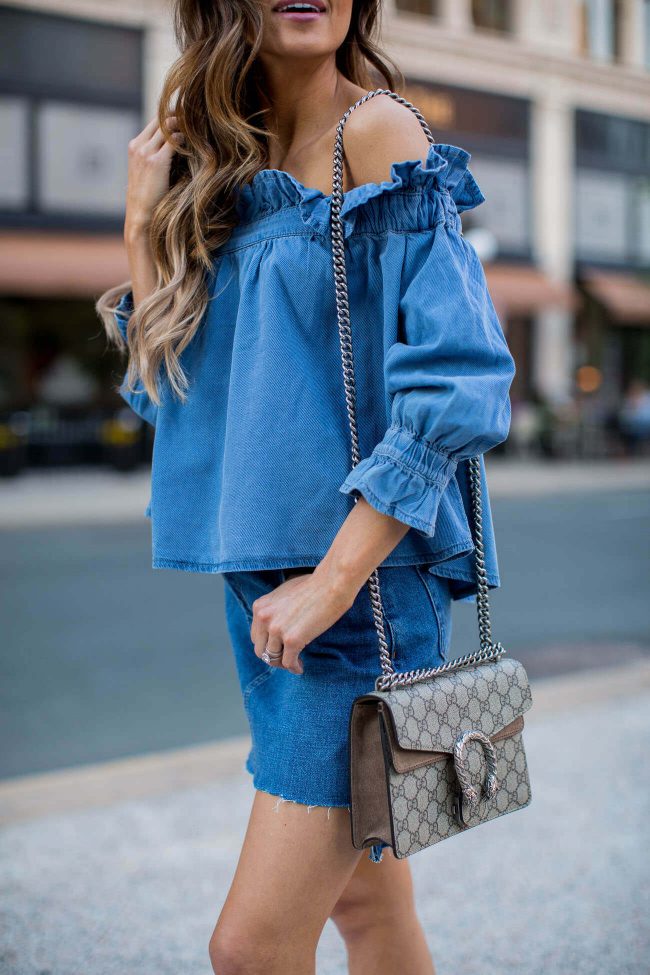 mn fashion blogger mia mia mine in a denim off-the-shoulder top from asos and a denim skirt from asos