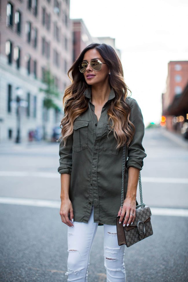 mn fashion blogger mia mia mine in a green button-down top from H&M and white jeans from topshop