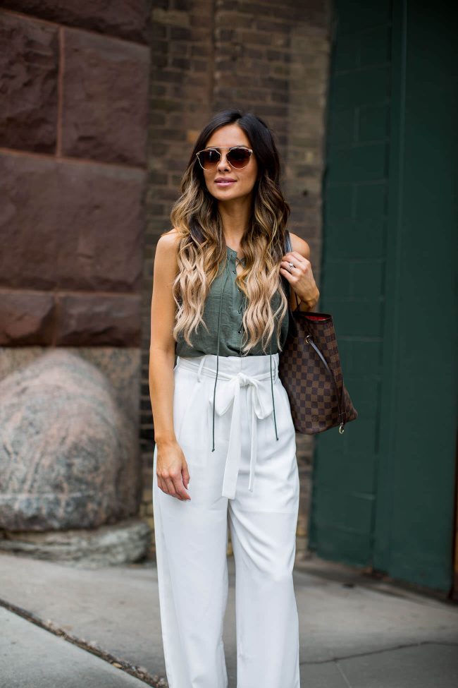 minnesota fashion blogger mia mia mine in an olive lace up tank and white trousers from nordstrom 