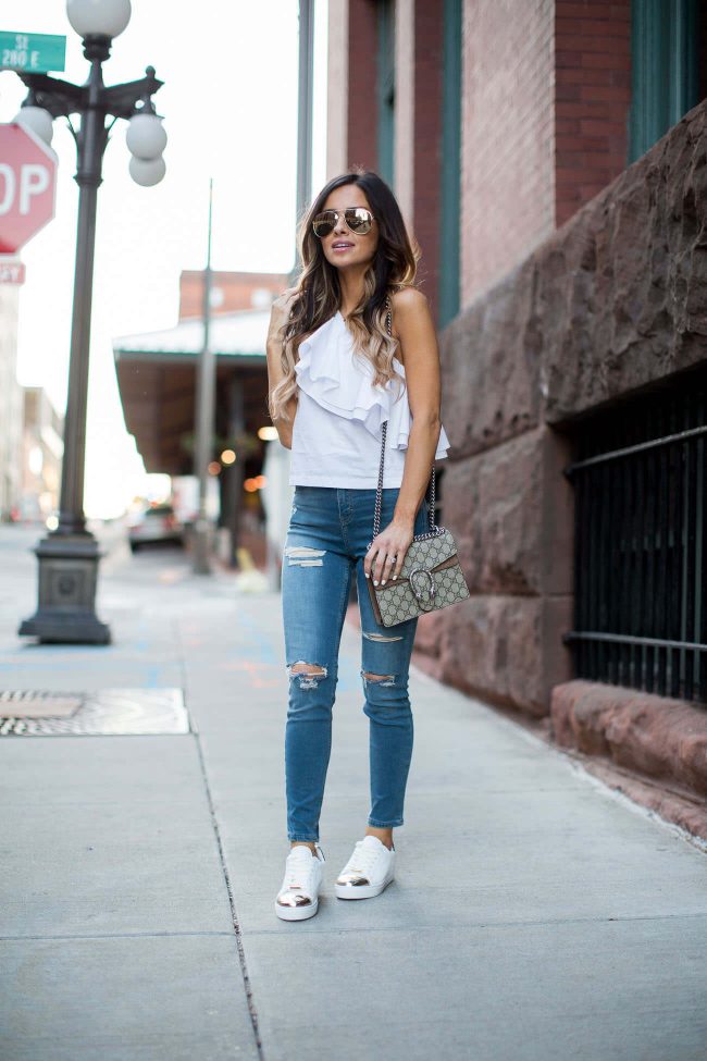 fashion blogger mia mia mine in a white one-shoulder topshop top and ripped skinny jeans from topshop