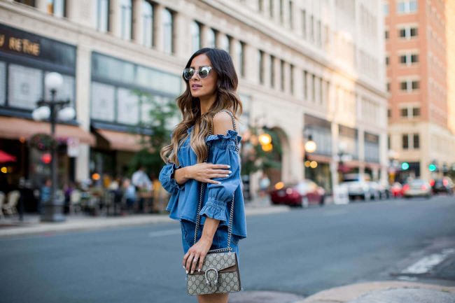 mn fashion blogger mia mia mine in an off-the-shoulder chambray top from asos and a denim skirt from topshop
