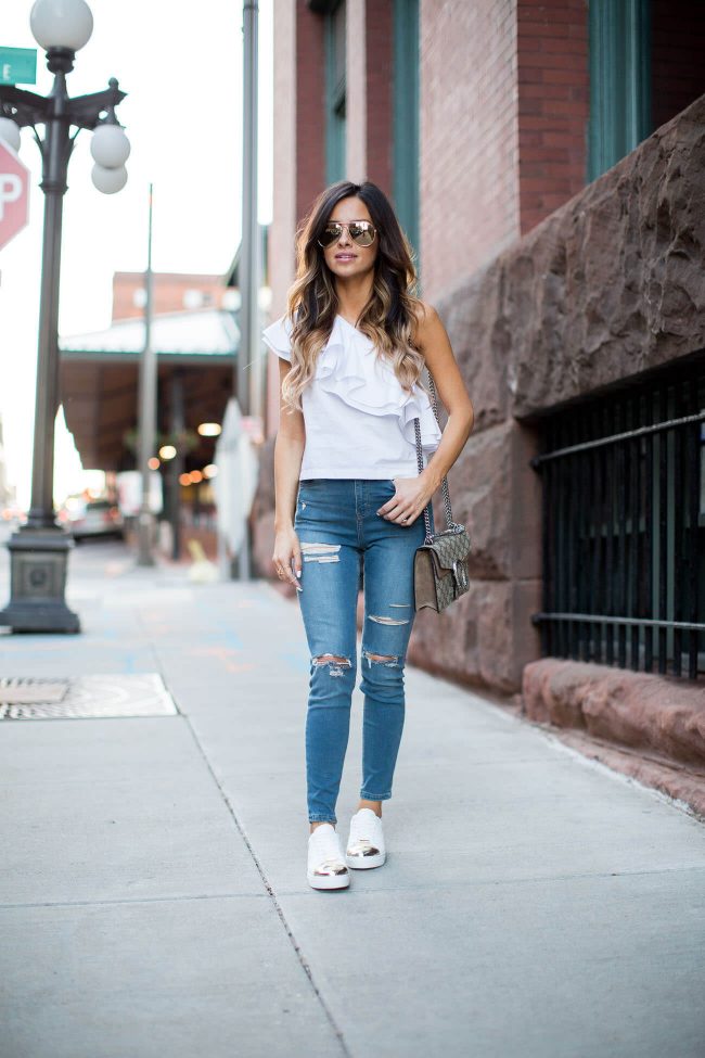 fashion blogger mia mia mine in a topshop top and white sneakers 