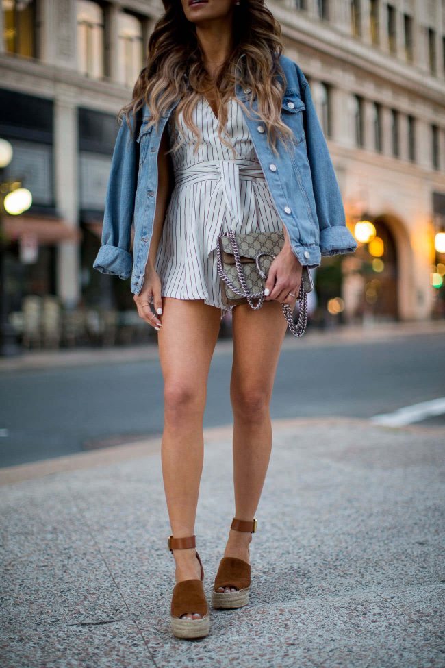 fashion blogger mia mia mine in a striped romper and gucci dionysus bag