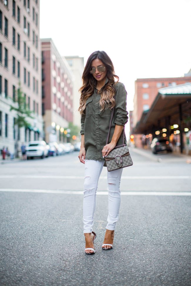 fashion blogger mia mia mine in a green button down and white jeans from topshop