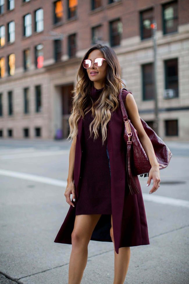 fashion blogger mia mia mine in a burgundy outfit from nordstrom anniversary sale