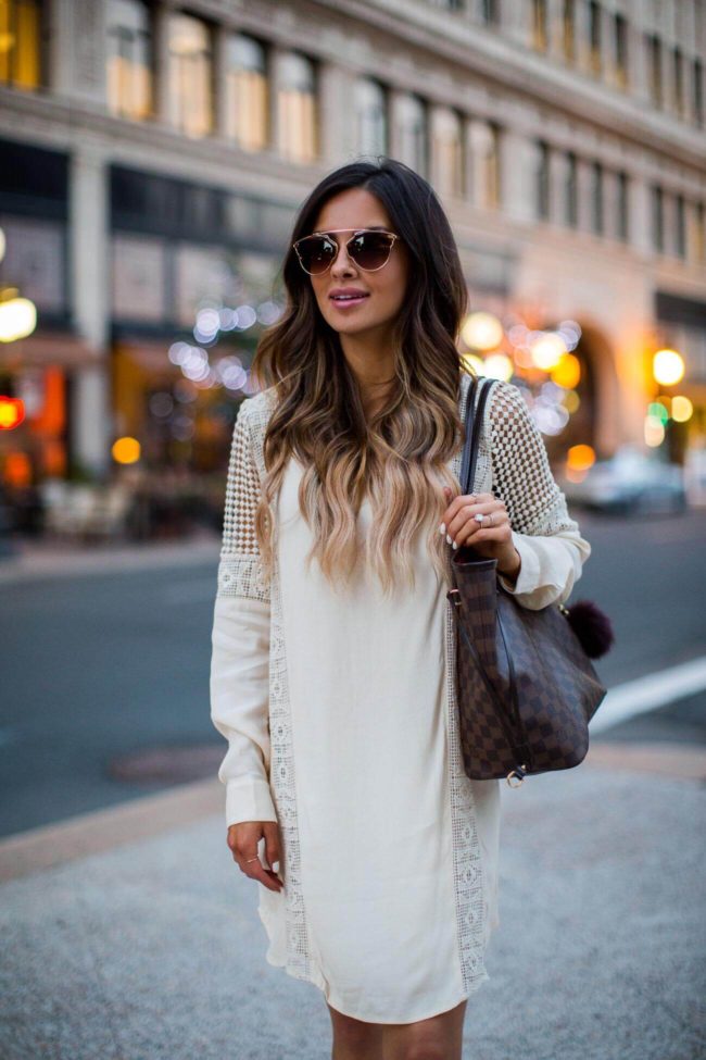 fashion blogger mia mia mine in a cream crochet dress