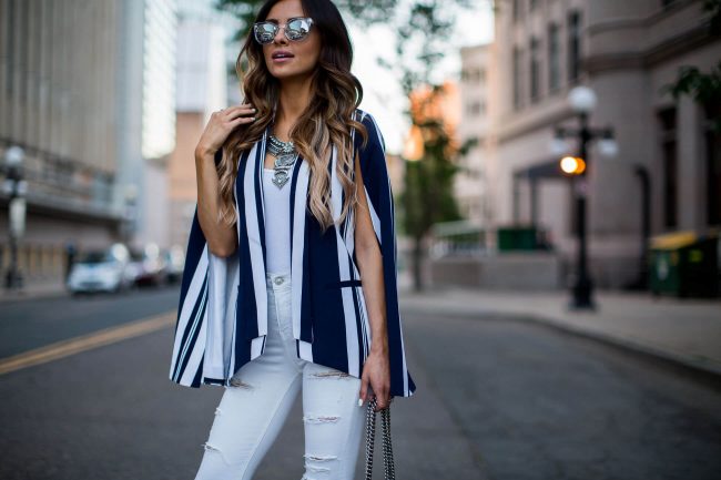 fashion blogger mia mia mine in a striped blazer from nordstrom