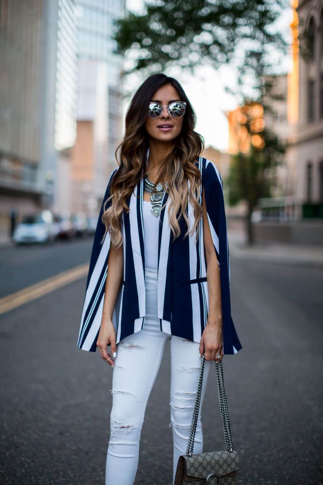 fashion blogger mia mia mine in a striped blazer from nordstrom