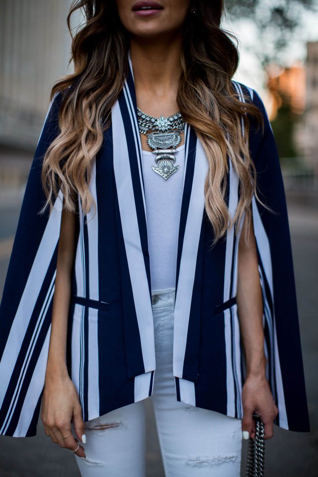 fashion blogger mia mia mine in a striped cape blazer