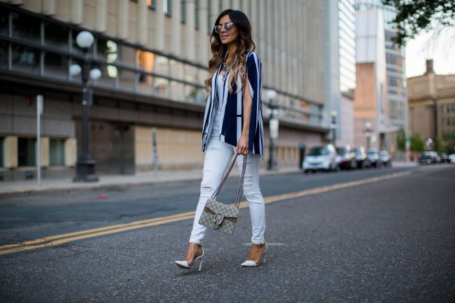 fashion blogger mia mia mine in a striped cape blazer from nordstrom and topshop white jeans