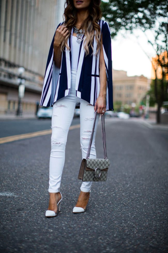 mia mia mine wearing a striped blue and white blazer from nordstrom