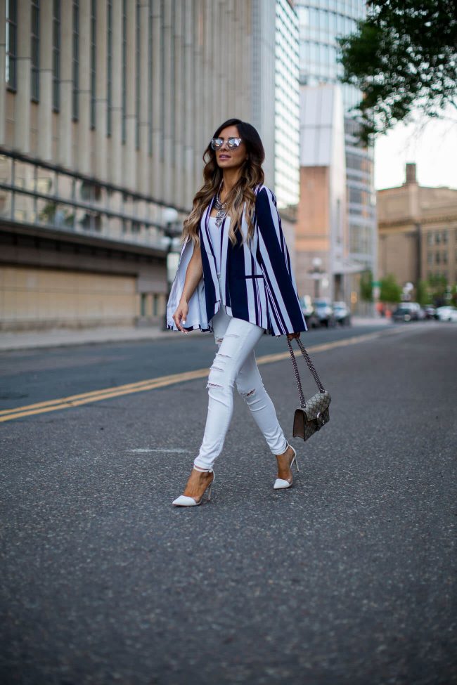 fashion blogger mia mia mine wearing a striped blazer from nordstrom