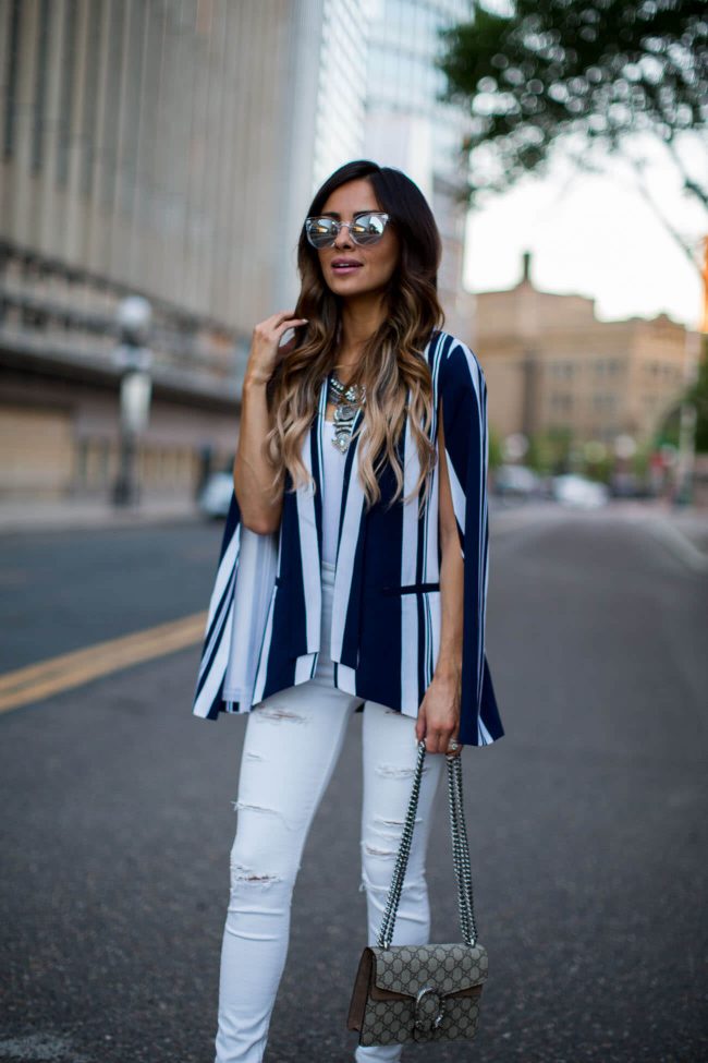 fashion blogger mia mia mine in a striped blazer from nordstrom