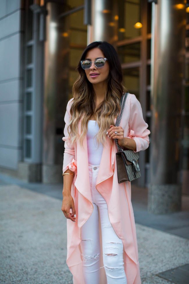 fashion blogger mia mia mine in a pink duster from missguided