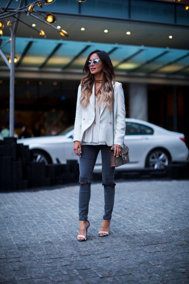 fashion blogger mia mia mine in a white blazer from shopbop
