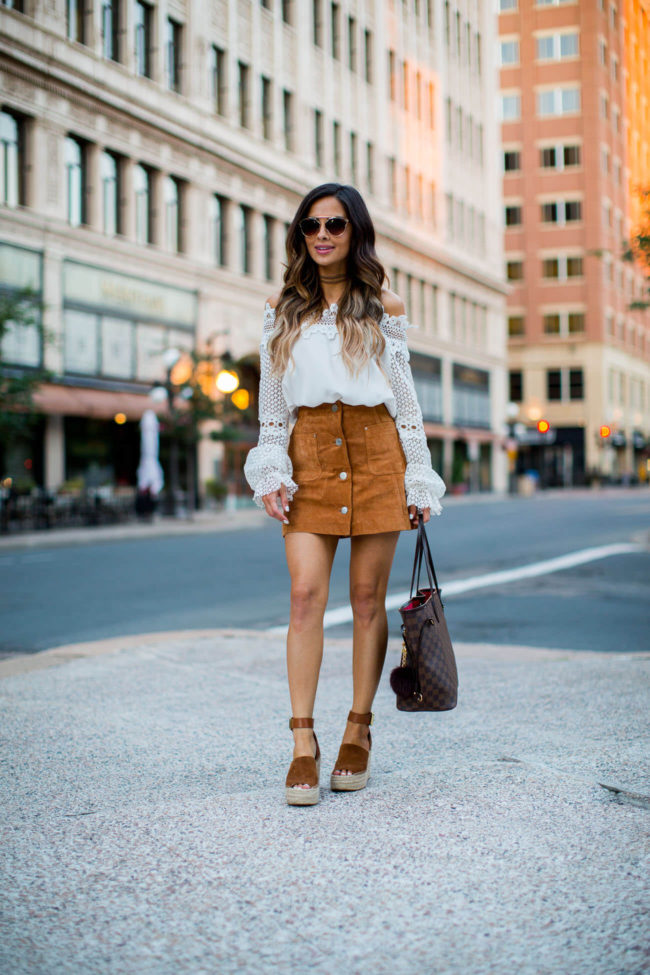 fashion blogger mia mia mine wearing a white off-the-shoulder lace top from shopbop