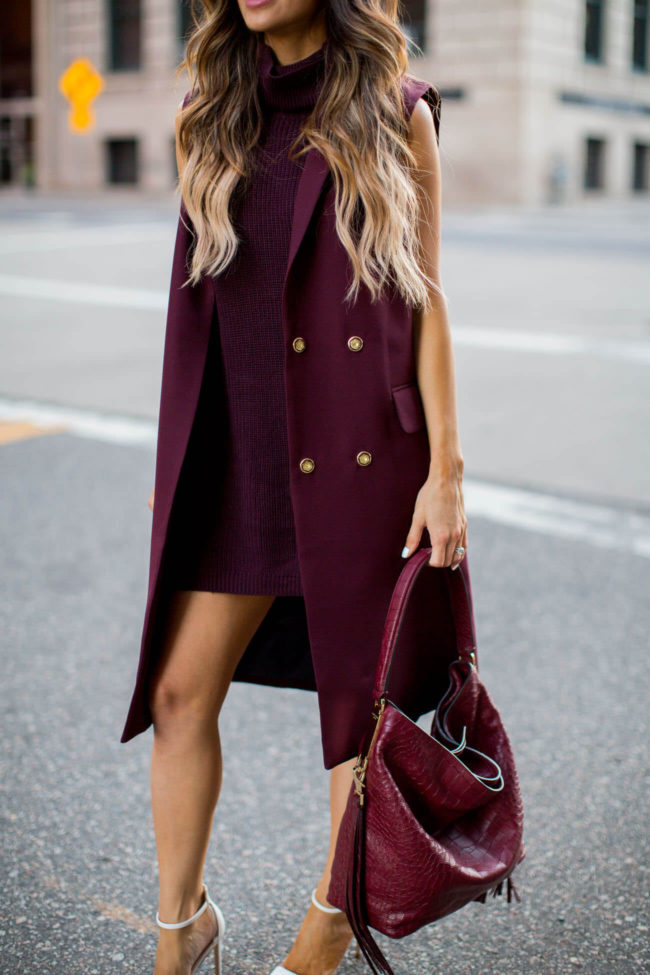 fashion blogger mia mia mine in a burgundy vest from nordstrom anniversary sale