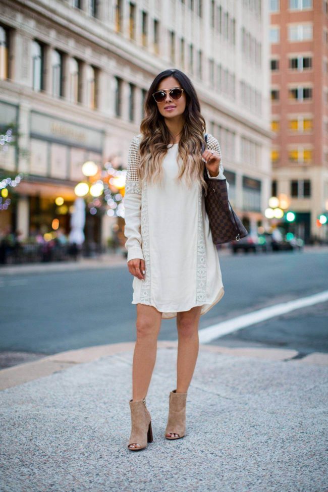 fashion blogger mia mia mine wearing a cream crochet dress from nordstrom