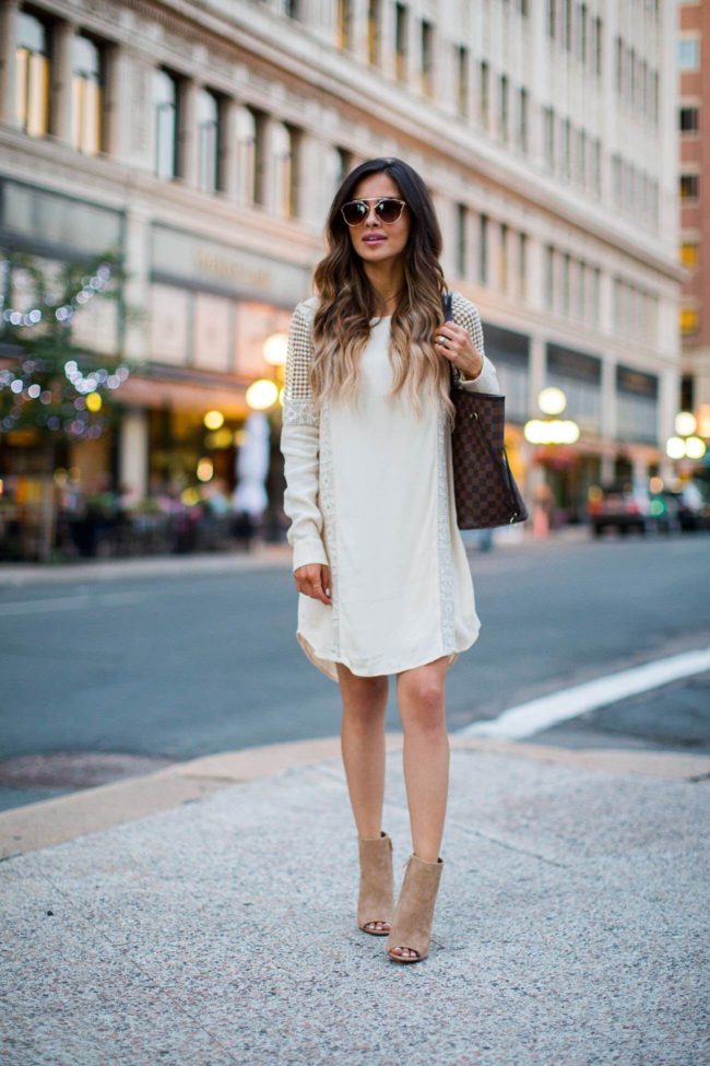 fashion blogger mia mia mine in a crochet shift dress from nordstrom and sam edelman booties