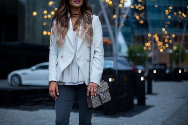 fashion blogger mia mia mine wearing a white blazer from shopbop