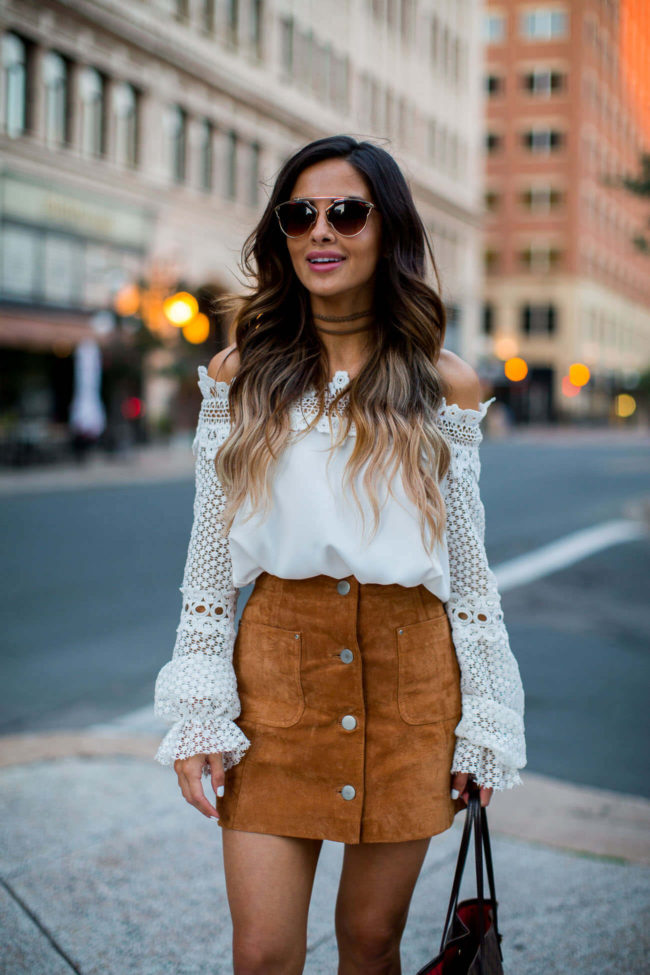 fashion blogger mia mia mine in a white lace top from shopbop and suede skirt from asos