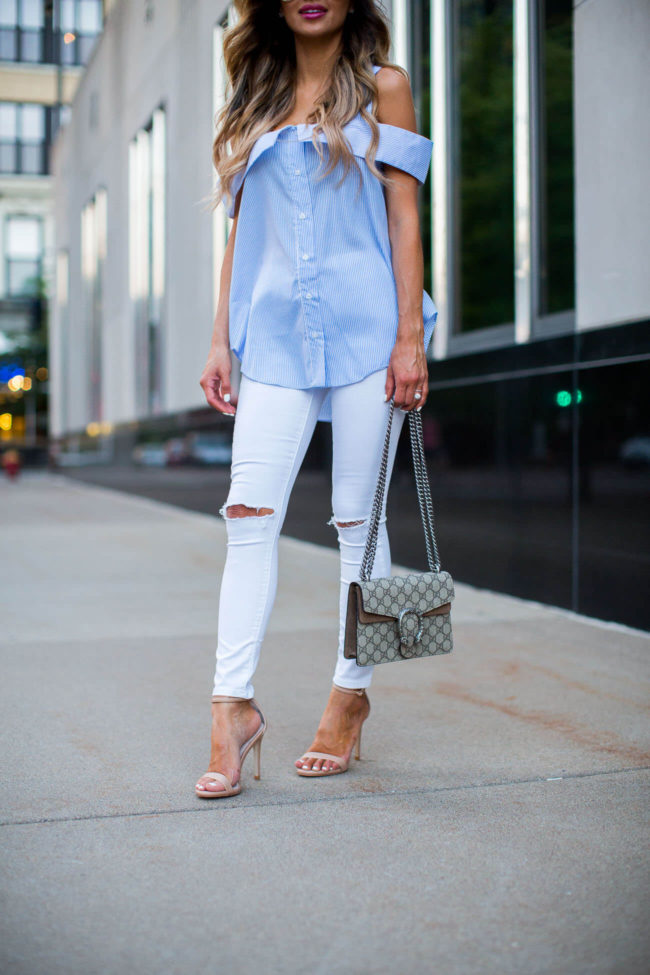 fashion blogger mia mia mine in a striped cold-shoulder shopbop top and steve madden stecy heels