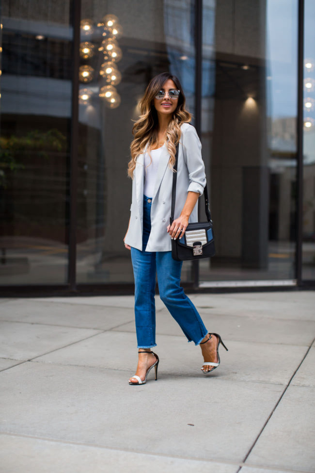 fashion blogger wearing a topshop mint blazer and furla bag