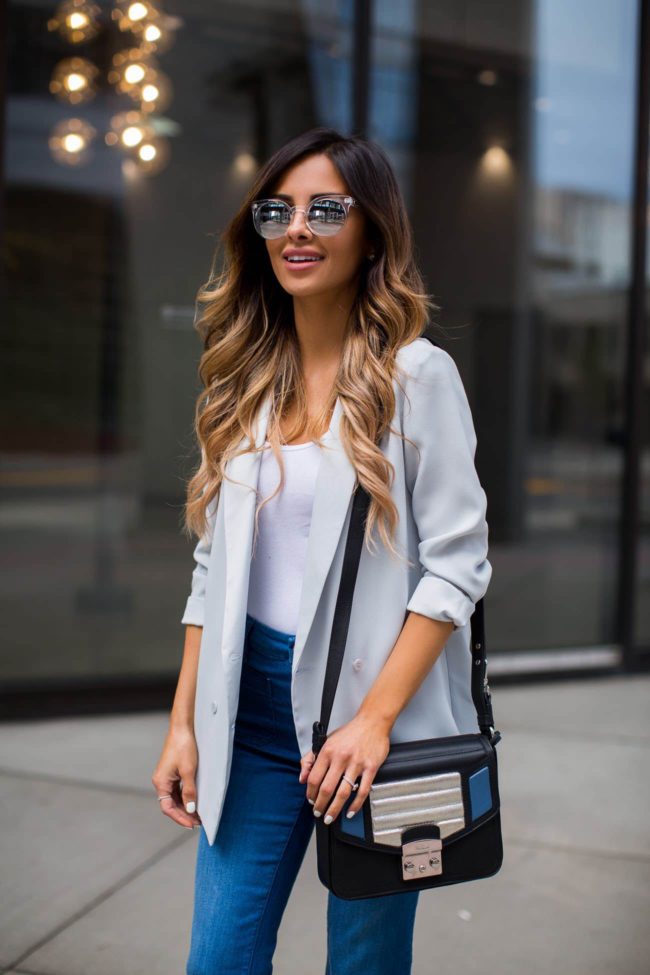 mia mia mine wearing a mint blazer from nordstrom