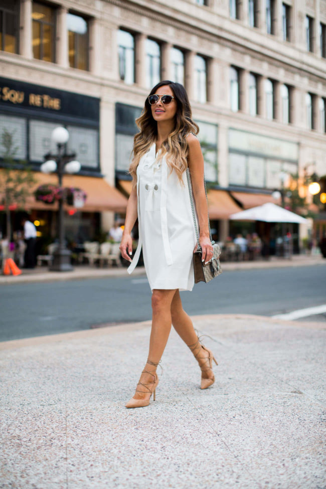 fashion blogger mia mia mine in a lace-up dress from shopbop and lace-up heels from nordstrom