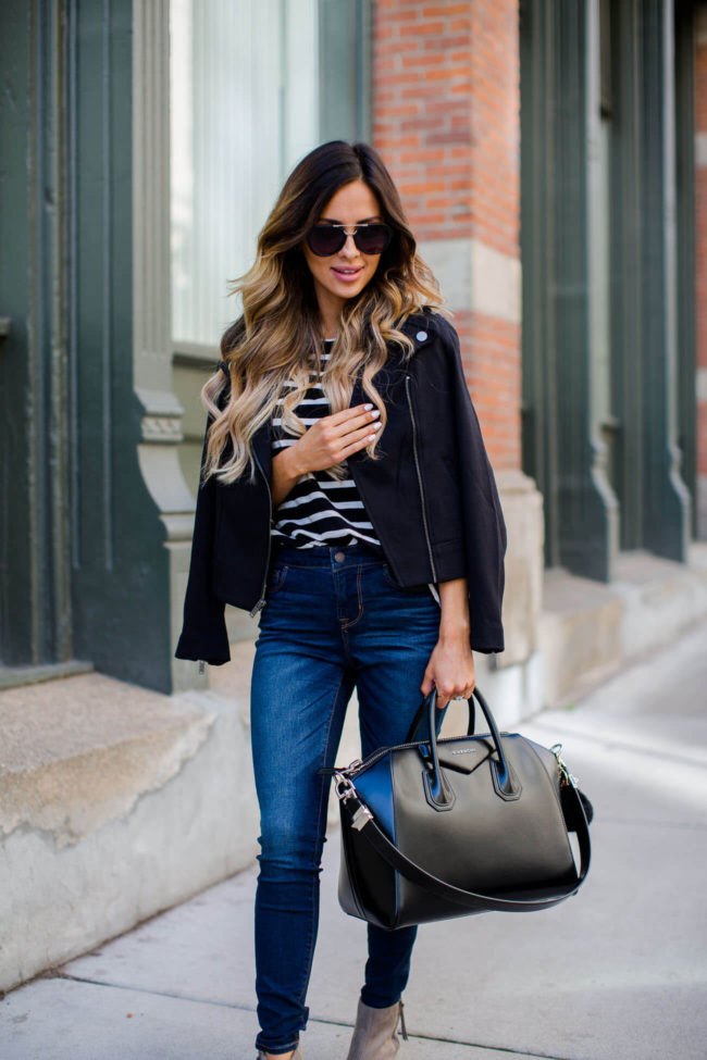 fashion blogger mia mia mine in a black moto jacket and skinny jeans from old navy