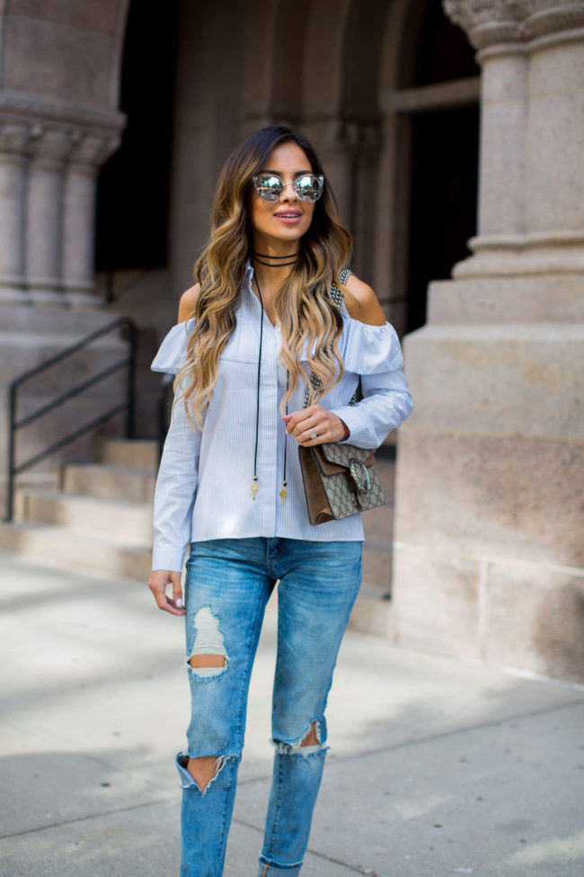 mn blogger mia mia mine in a cold shoulder striped top from nordstrom
