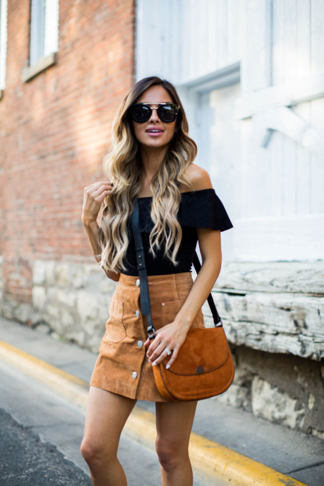 minneapolis based fashion blogger mia mia mine in a black bodysuit and suede skirt by nordstrom